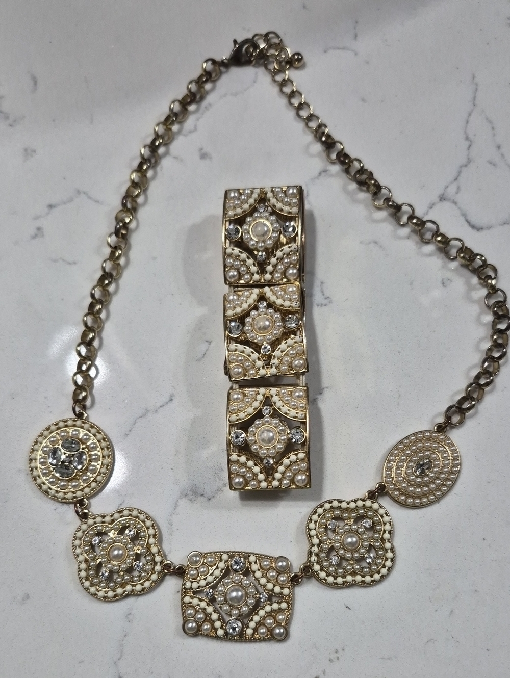 Gold-Tone Pearl & Crystal Medallion Necklace with Matching Bracelet